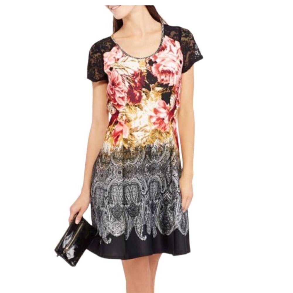Love Squared Plus Size 2X Dress Printed Lace Multi Color Cap Sleeve